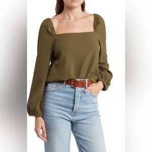 Madewell | Crepe Square Neck Puff Sleeve Top | Olive Green